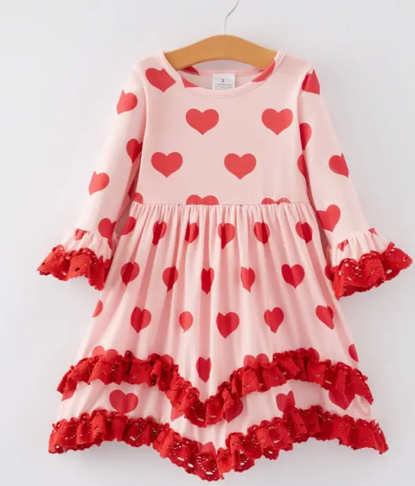 Charming Red Heart Lace Trim Dress for Trendy Tots: Perfect for Special Occasions!